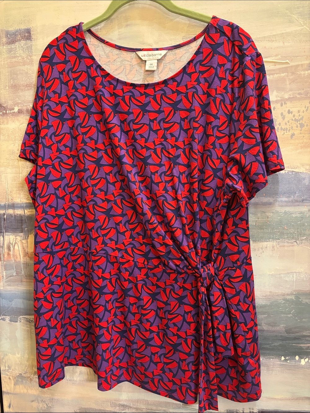 Liz Claiborne Red and Purple Short-Sleeve Twist-Front Top